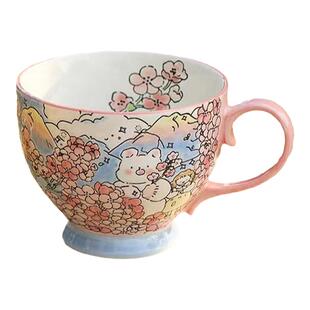 蓝莲花羡鸟文社手绘早餐杯高颜值马克杯子陶瓷可爱水杯伴手礼物