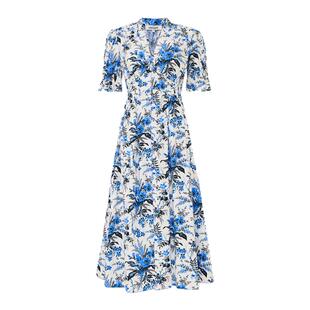 DVF2026春夏新款茶歇裙蓝白绿野仙踪V领泡泡袖连衣裙DS1U032