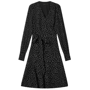 白鹿语法式优雅设计感波点裙2025春季新款V领系带修身短款连衣裙