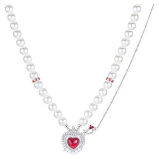 现货·明星同款·一箭穿心红色爱心珍珠925纯银项链女设计锁骨链