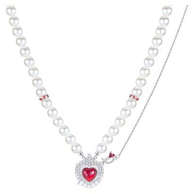 现货·明星同款·一箭穿心红色爱心珍珠925纯银项链女设计锁骨链