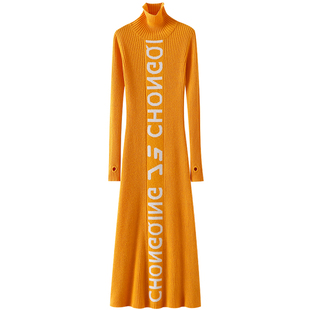 大女主美学~新款高领100%纯山羊绒衫女长款连衣裙子修身毛衣秋冬