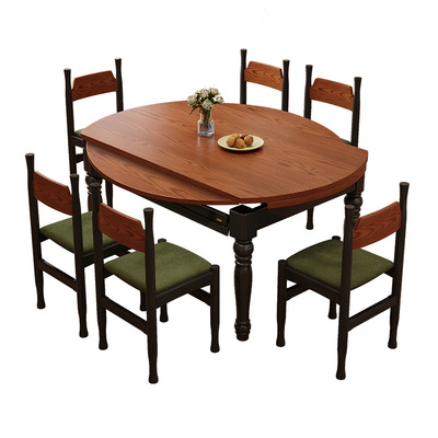 中古风伸缩实木餐桌可变圆桌美式