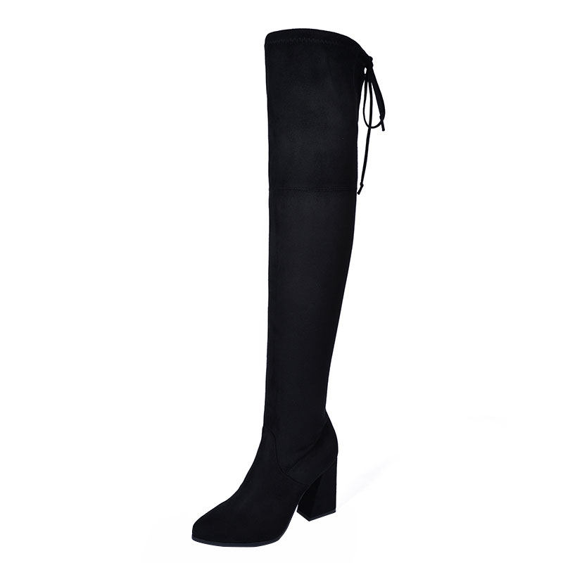 2025新款过膝长靴冬季加绒高跟粗跟长筒靴尖头高筒靴子绒面瘦瘦膝