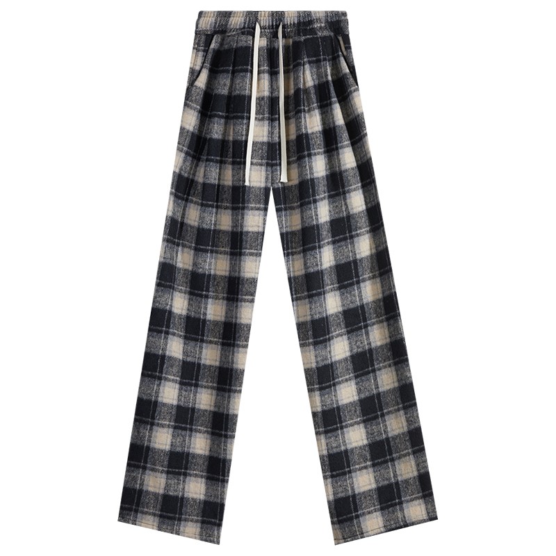 胖mm大码美式慵懒风格子阔腿裤女秋冬加绒加厚保暖宽松休闲毛呢裤