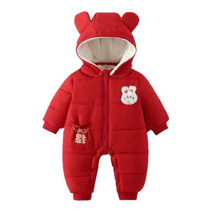 婧麒新生婴儿衣服冬季夹棉保暖连体衣加厚小月龄宝宝冬装外出棉服