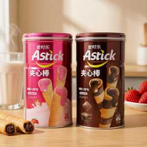 Astick爱时乐威化卷心酥330g罐装夹心饼干巧克力草莓酸奶味零食