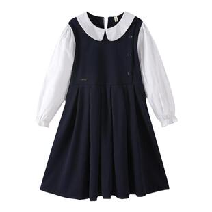 长袖女童连衣裙春秋款学院风藏青色初中生棉布裙子韩版洋气A字裙