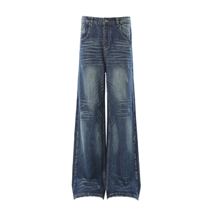 华夏印迹 美式春秋复古牛仔裤男女深色高街水洗做旧阔腿直筒裤子