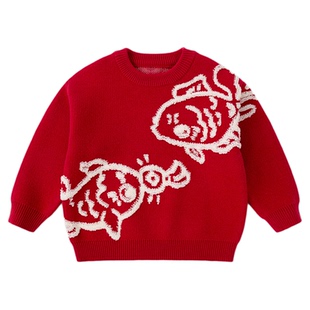 嘟嘟家儿童毛衣红色男童女童冬季上衣宝宝新年喜庆亲子装过年衣服