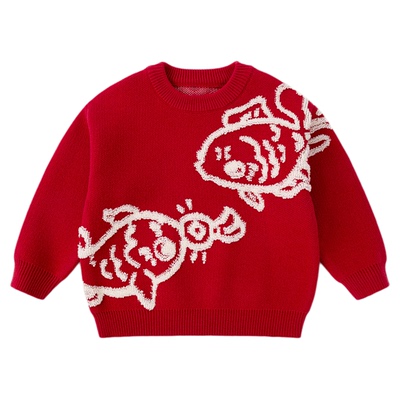嘟嘟家儿童毛衣红色男童女童冬季上衣宝宝新年喜庆亲子装过年衣服