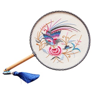 非遗手作苗绣团扇子 喜上眉梢贵州土布双面圆形包边手工艺品宫扇