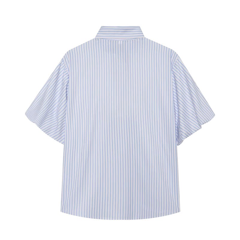 法式竖条纹系带短袖衬衫女夏季