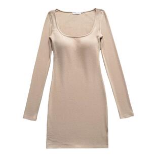 liviahome 方领包肩袖长袖收腰连衣裙女秋冬带胸垫辣妹包臀裙短裙