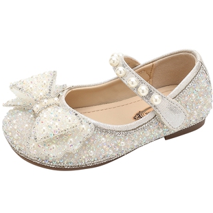 FVM女童公主鞋儿童水晶鞋子2025新款中大童闪亮晶晶洋气白色珍珠