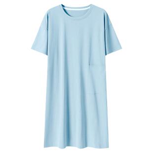 顶瓜瓜纯棉短袖睡裙女夏季圆领连衣裙子中款纯色睡衣家居服可外穿