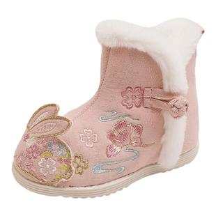 初步生莲汉服鞋子女童冬季加绒古风宝宝拜年中国风棉靴儿童绣花鞋