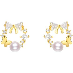 周六福蝴蝶铃耳钉S925黄金色淡水珍珠耳饰小众气质新年礼物送女友