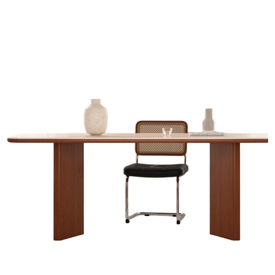 木小咖 中古风洞石岩板实木餐桌法式复古风小户型长方形客厅饭桌