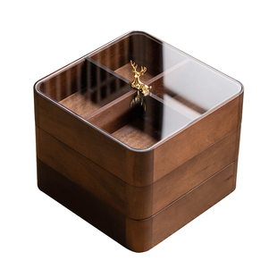 胡桃木干果盘家用多层分格可拆卸坚果盘新中式客厅茶几茶具收纳盒