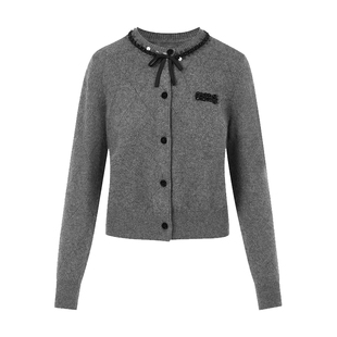 LIME莱茵钉珠蝴蝶结装饰圆领针织开衫深灰色秋冬新款优雅毛衫