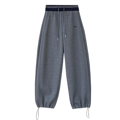 高腰撞色抽绳卫裤女冬季加绒加厚字母刺绣阔腿束脚两穿休闲长裤