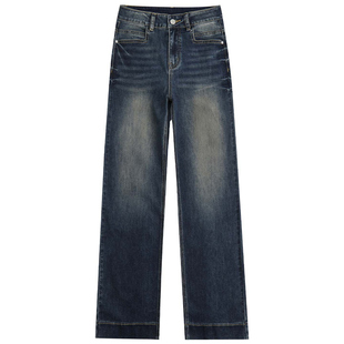 西岸社·水洗做旧深蓝色直筒A字版牛仔裤女2026春新款百搭阔腿裤