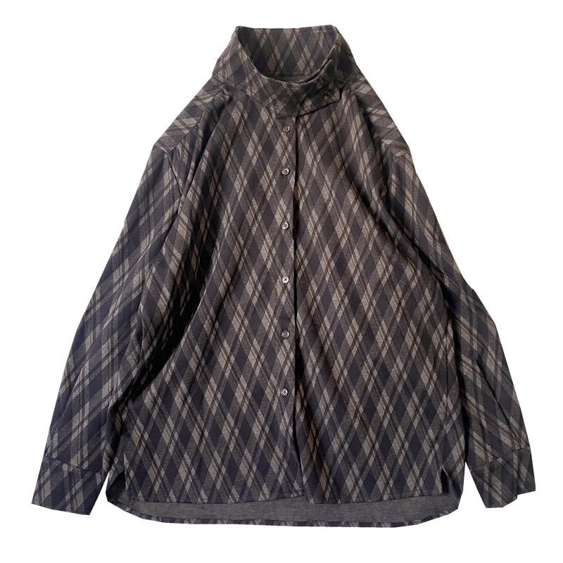 秋冬新款长袖立领菱形格显瘦中长款咖啡色衬衣女宽松英伦外穿内搭