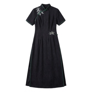 黑色刺绣奥黛旗袍女新中式2026新款气质高端遮肚显瘦日常可穿优雅