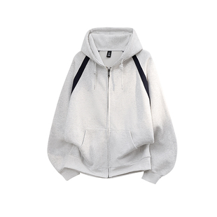 WAINOT美式复古撞色拉链外套360g重磅连帽卫衣白花灰加绒帽衫男款