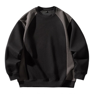 美式高街春秋季撞色拼接圆领卫衣高级感男士休闲百搭套头长袖T恤