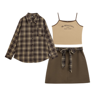 IEF/爱依服【微胖】学院风三件套装女2025秋新款美式衬衫短裙吊带