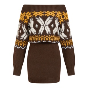 CIDER新品针织费尔岛毛衣长袖一字肩露肩复古迷你连衣裙115064499