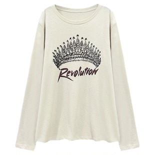 3ts复古美式宽松休闲字母纯棉T恤印花圆领长袖显瘦打底衫上衣