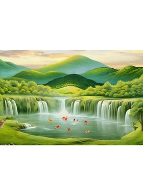 聚财装饰画流水生财山水风景画聚宝盆贴画办公室招财挂画自粘贴画