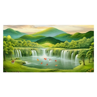 聚财装饰画流水生财山水风景画聚宝盆贴画办公室招财挂画自粘贴画