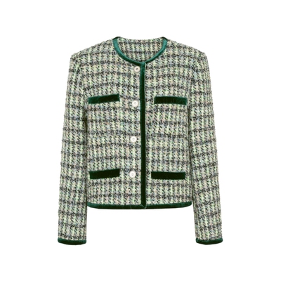 XG雪歌短款长袖短外套时尚冬季新款条格羊毛外套女