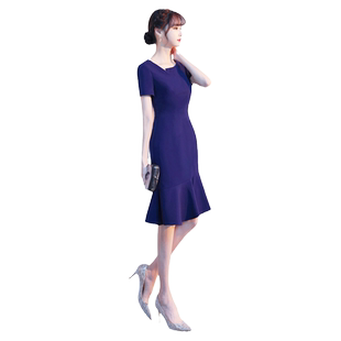 蓝色晚礼服女气质高端小洋装参加婚礼小个子鱼尾连衣裙平时可穿