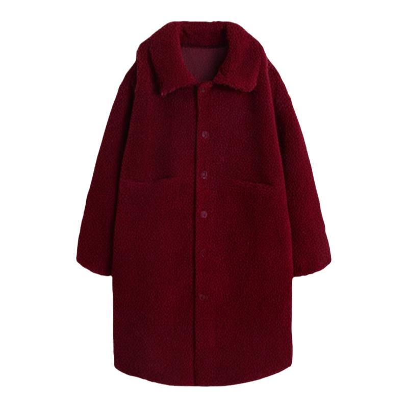 安可拉红长款水貂毛百搭显瘦羊剪绒冬季简约皮毛一体皮草V领大衣