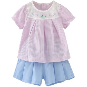 童泰母婴旗舰店童泰宝宝夏季套装婴儿衣服女童T恤时尚提花网眼短袖短裤两件套