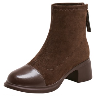 星期六高跟切尔西靴女靴2025新款粗跟棕色复古短靴百搭中筒瘦瘦靴