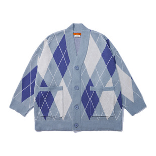 Unvesno (UN) 管弦乐队 菱格彩块开衫毛衣针织衫外套