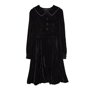 NEELLY纳俪商场同款黑色丝绒连衣裙女中长款收腰A字裙摆百搭时尚