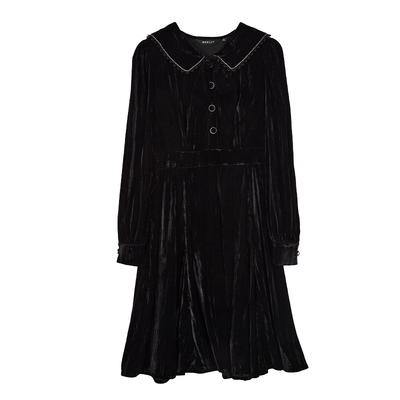 NEELLY纳俪商场同款黑色丝绒连衣裙女中长款收腰A字裙摆百搭时尚