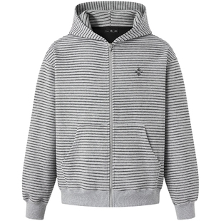 CHINISM丨条纹宽松连帽开衫卫衣男春季微弹绣花男士拉链上衣外套