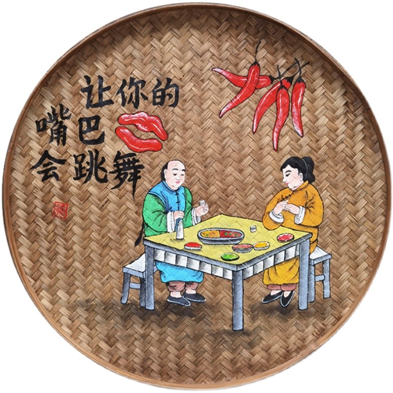 手绘竹编簸箕画餐馆农家乐装饰画