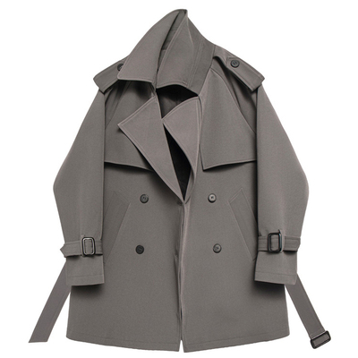 灰色双排扣系带小个子风衣外套女