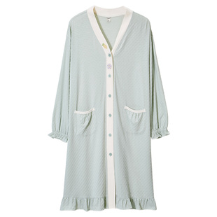 达尔丽新款睡裙女春季长袖中裙V领开衫甜美春秋薄款宽松连衣裙女