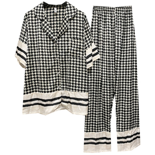 春夏睡衣千鸟格仿真丝绸缎薄款开衫短袖长袖家居服网红ins可外穿