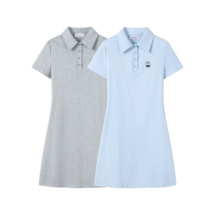 XinmonLee韩版学院风翻领蓝色T恤裙夏季修身显瘦休闲别致短裙女